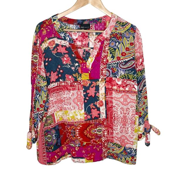 Patchwork Print Paisley Floral Top Womens 1X Colorful Boho Festival Tropical - Picture 1 of 7
